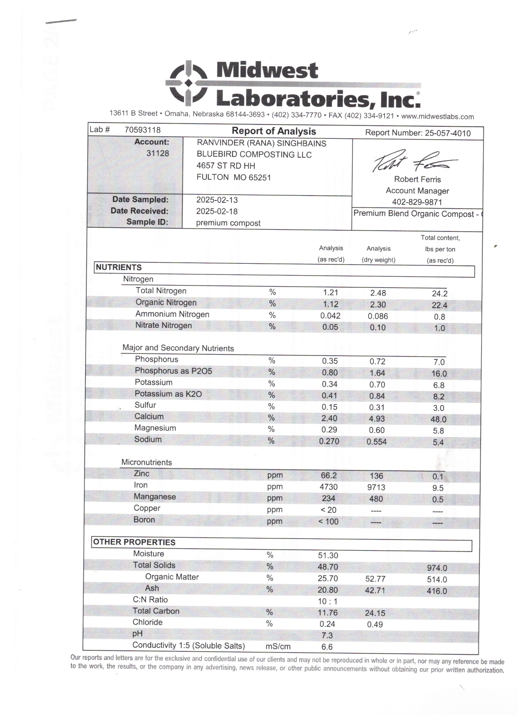 Compost nutrient analysis report